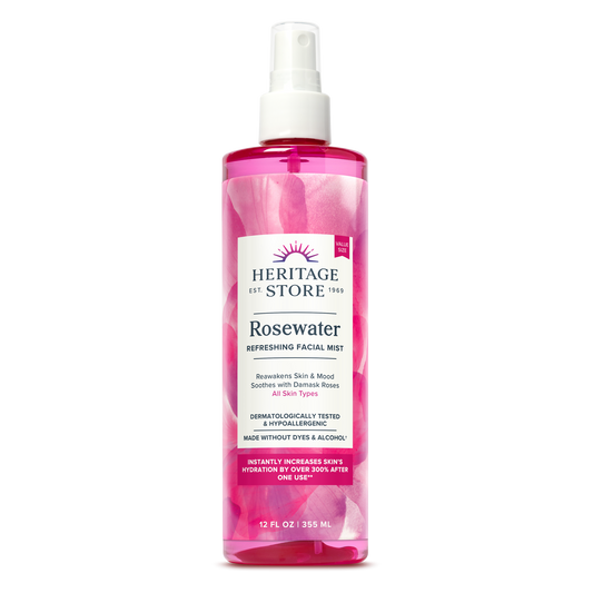 A pink spray bottle of Daily Care Rosewater, a hydrating facial mist gentle for sensitive skin.