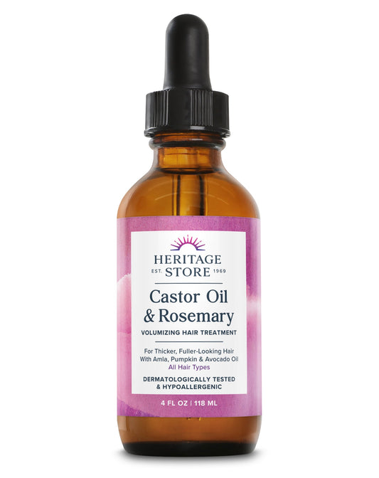 Amber bottle of Daily Care Castor Oil & Rosemary with black dropper and purple label for fuller-looking hair.