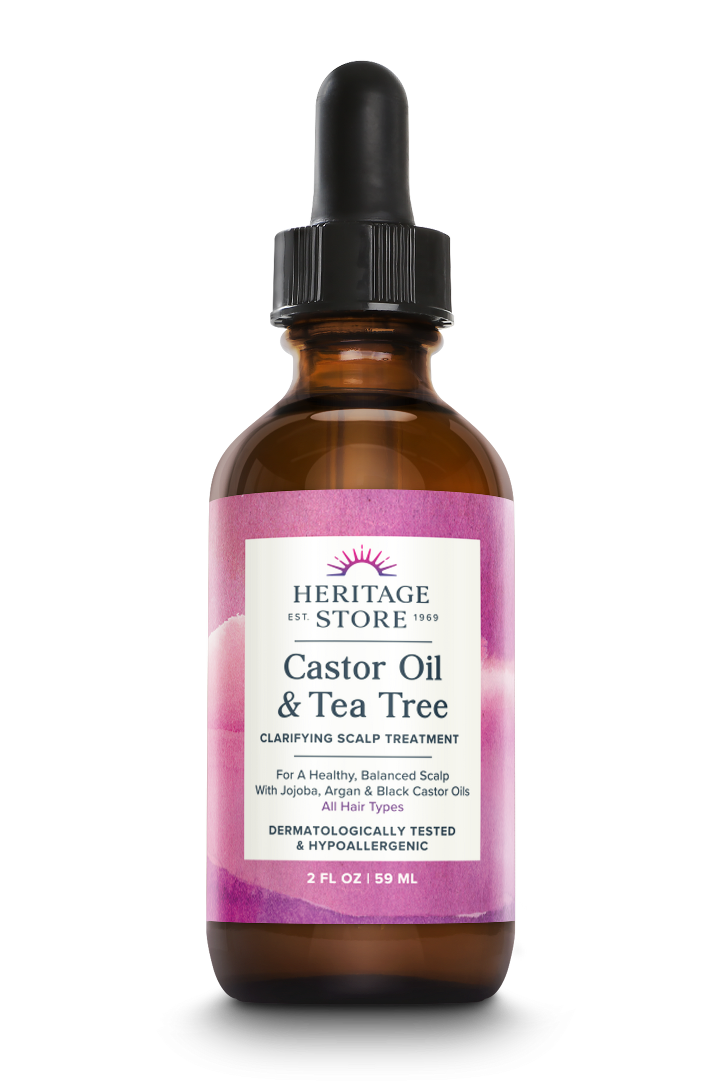 A brown dropper bottle labeled Daily Care Castor Oil & Tea Tree, clarifying scalp treatment, 2 fl oz size.