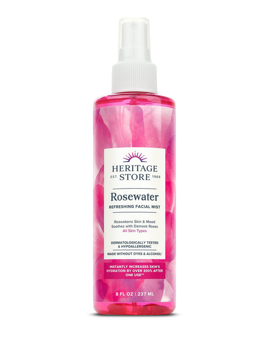 Daily Care Rosewater Facial Mist: pink bottle, white spray top, rose petal design—ideal for sensitive skin.