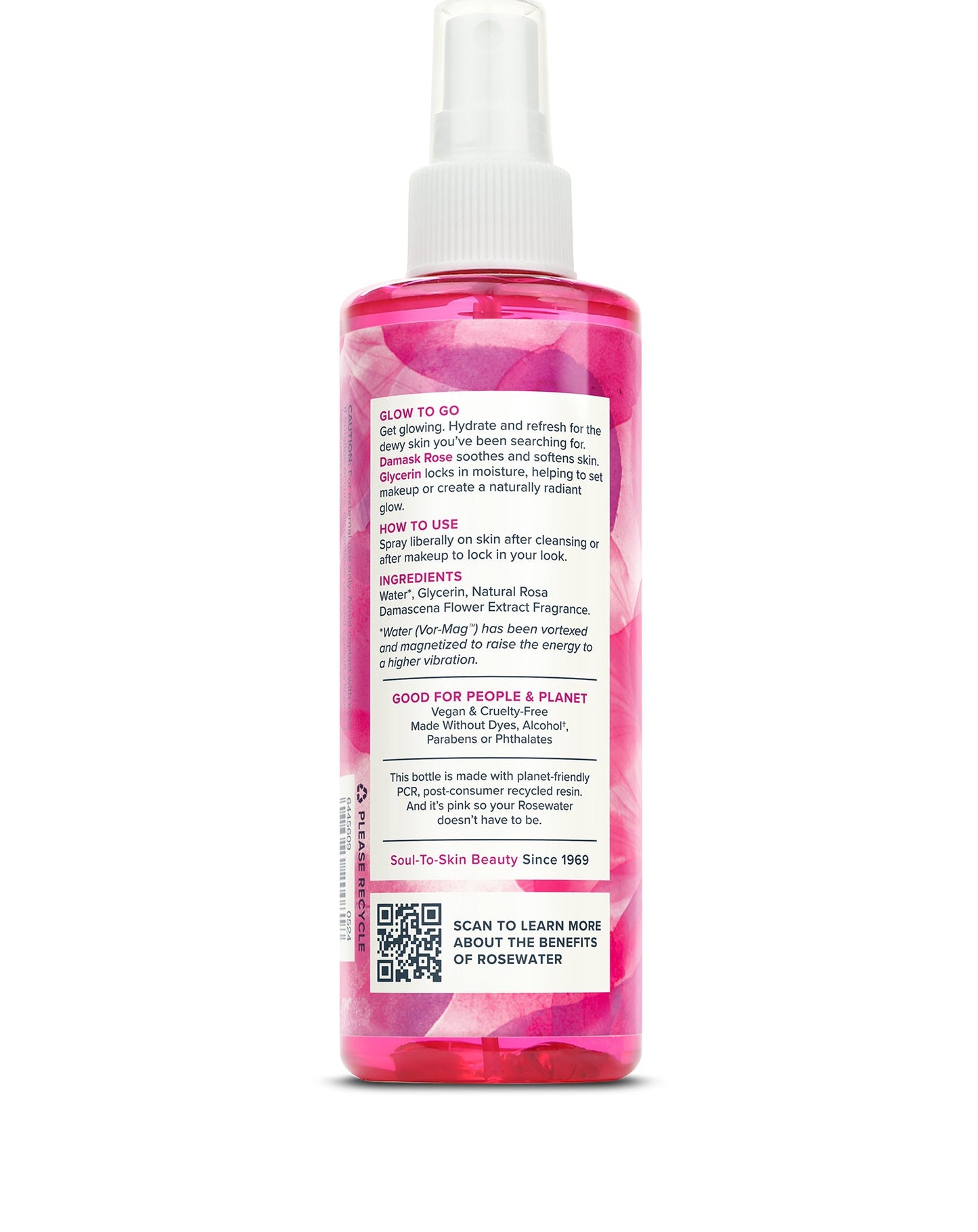 A pink Daily Care Rosewater & Glycerin Facial Mist bottle features instructions, ingredients, and a QR code on the label.