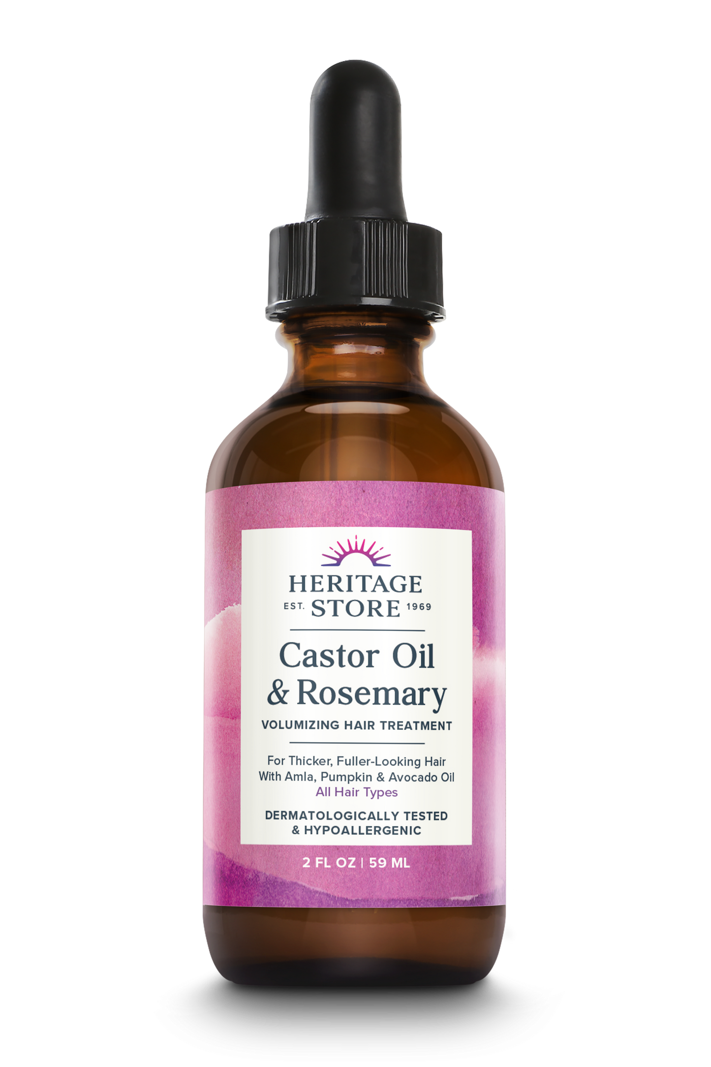 Amber bottle of Daily Care Castor Oil & Rosemary, an organic hair oil and scalp treatment for thicker hair, 2 fl oz.