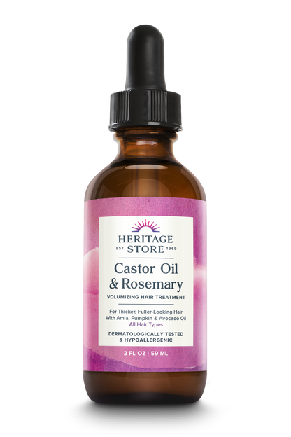 Amber bottle of Daily Care Castor Oil & Rosemary, an organic hair oil and scalp treatment for thicker hair, 2 fl oz.