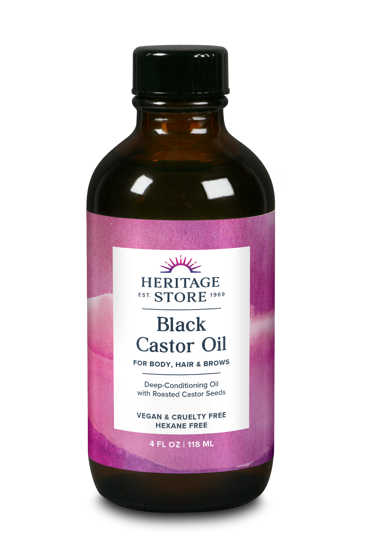 A 4 fl oz brown glass bottle of Daily Care Black Castor Oil for hair, with a pink label and black cap.