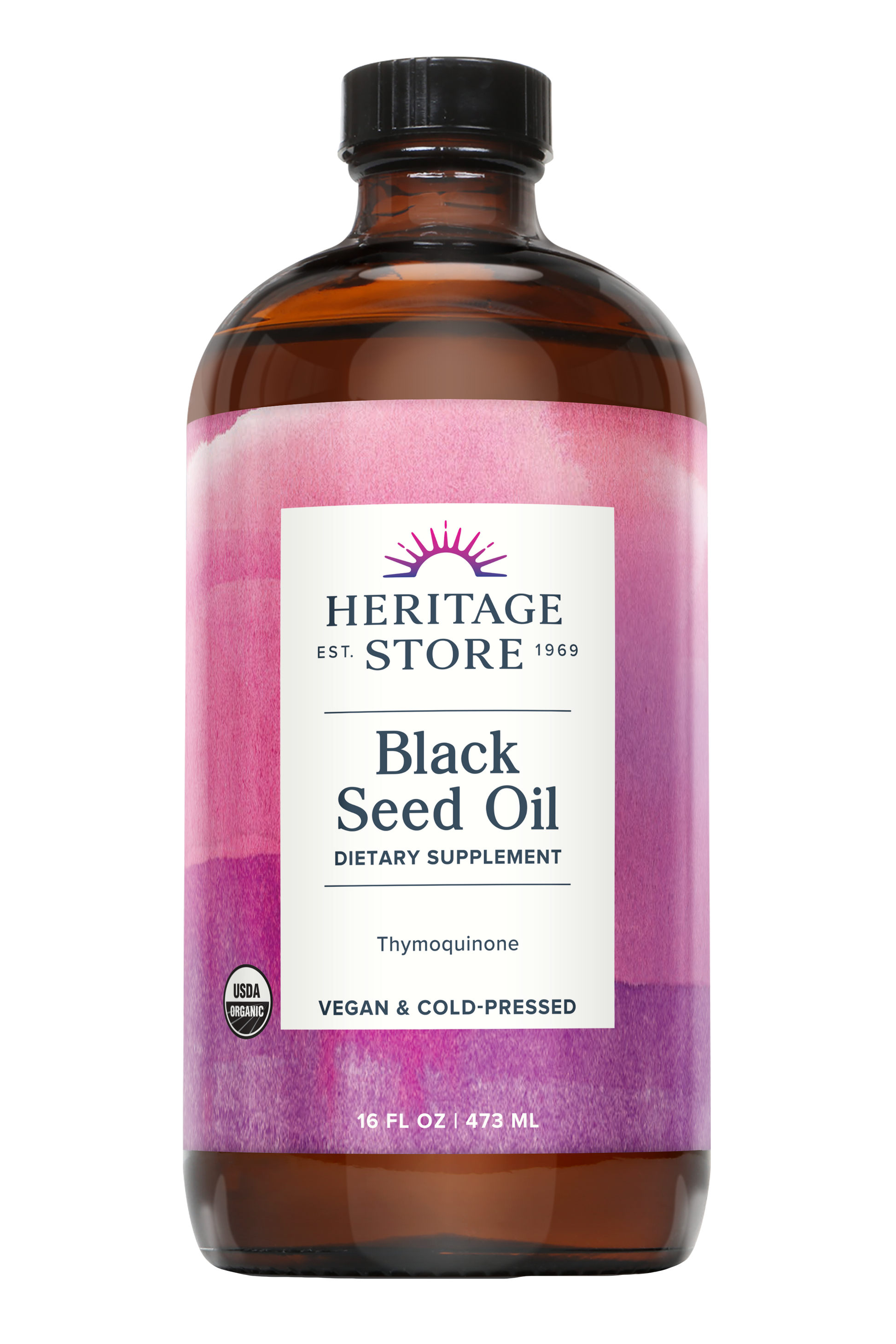A 16 fl oz bottle of Daily Care Organic Black Seed Oil, vegan, cold-pressed dietary supplement.