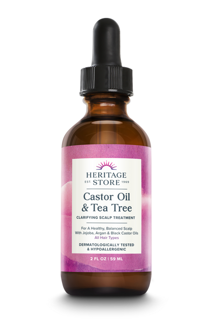 A brown dropper bottle labeled Daily Care Castor Oil & Tea Tree, clarifying scalp treatment, 2 fl oz size.