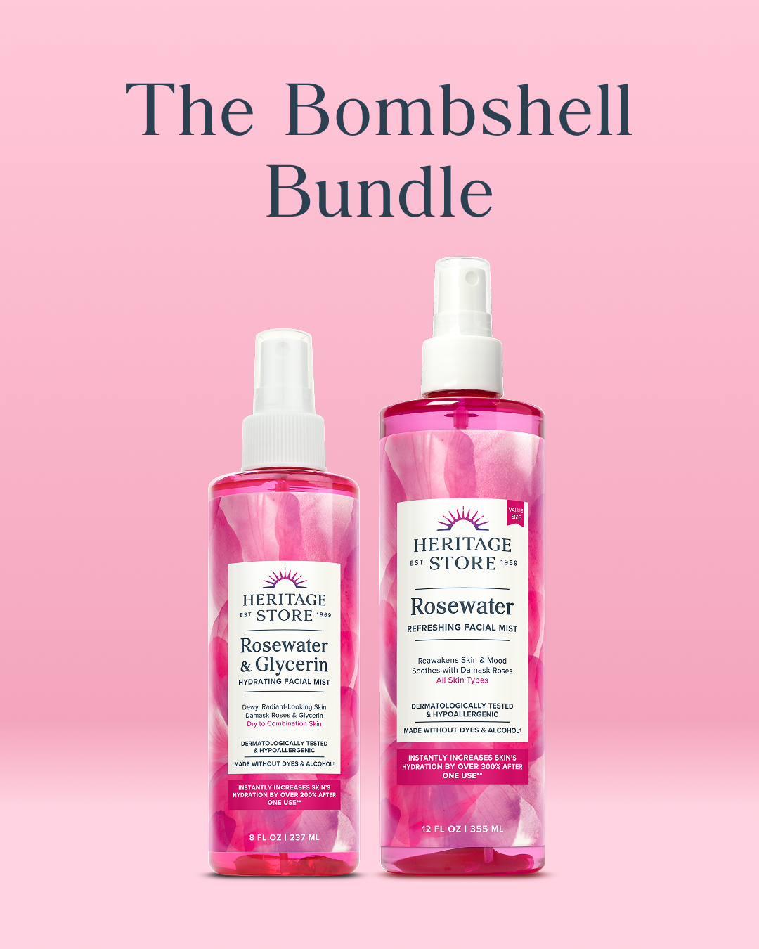 Heritage Store The Bombshell Bundle: Two pink 12oz bottles—Rosewater & Glycerin Mist and Rosewater Mist.