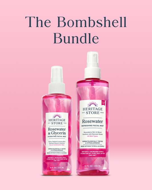 Heritage Store The Bombshell Bundle: Two pink 12oz bottles—Rosewater & Glycerin Mist and Rosewater Mist.