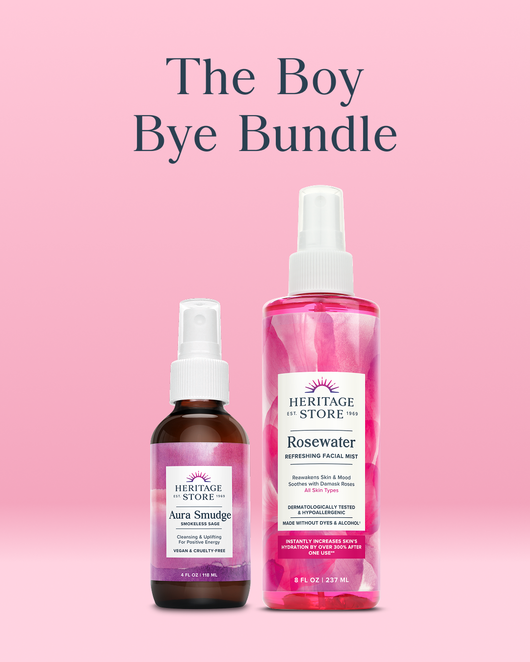 The Boy Bye Bundle by Heritage Store: Aura Smudge and Rosewater Mist bottles on pink background.